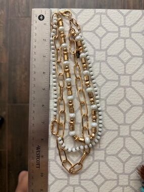 Gold and White Multi-Strand Beaded Chain Necklace